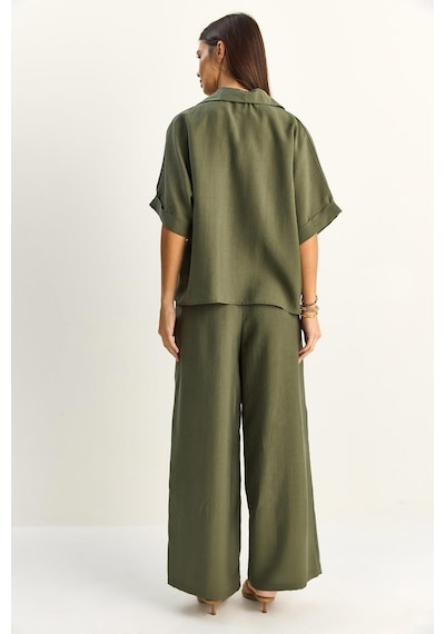 Shade Kadın Oversize Kısa Kol Gömlek Beli Lastikli Geniş Paça Pantolon Takım 7651 60286138 - Haki