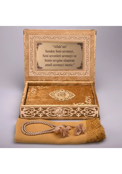 Şal + Tesbih + Kuran Hediye Seti Orta Boy, Şemslafzatullah, Gold Pleksi, Raşel Kutu, Gold