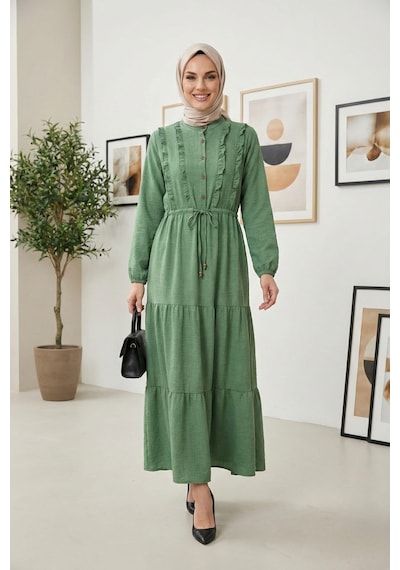 Hb Harma Time Butik Kadın Fırfır Detaylı Düğmeli Keten Mint Yeşil Elbise Açık Gri Açık Gri