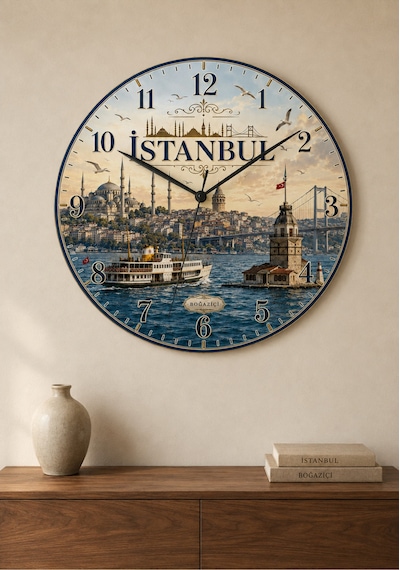 AA Shop İstanbul Türkiye Şehir Manzaraları Desenli Dekoratif Baskılı Ahşap Duvar Saati 45 Cm Sessiz Akar Mekanizma 897 Çoklu Renkli