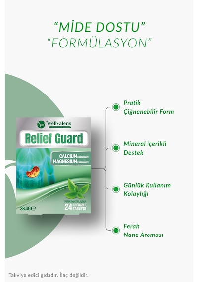 Relief Guard Çiğnenebilir Tablet Nane Aromalı Kalsiyum Karbonat Magnezyum Karbonat 24 Adet