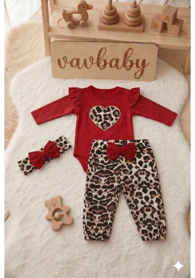 Kız Bebek Leopar Desenli Çıtçıt Zıbın Model Kalp Figürlü Bandanalı 3 Lü Takımı Kırmızı