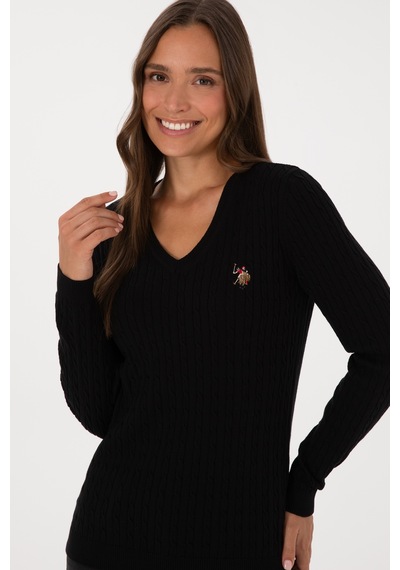 U.S. Polo Assn. Kadın Siyah V Yaka Basic Kazak 50307700-VR046