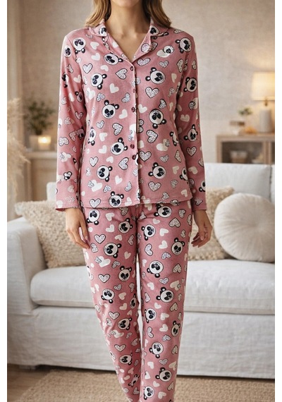 Rukod Pembe Ayıcıklı Gömlek Yaka Kadın Ev Pijama Takımı Süet Kumaş, Likralı Pijama Takım Pembe