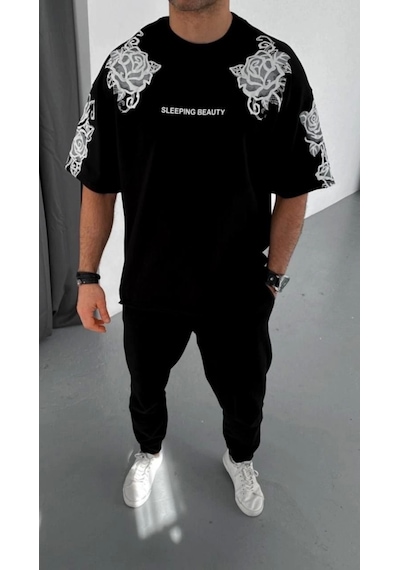 Unisex Flok Kabartma Baskılı T-shirt - Siyah