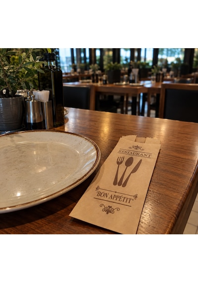 Şamua Kağıt Çatal Bıçak Kılıfı 250 Adet Kahverengi Baskılı Restoran Cafe Kaşıklık Servis Kılıfı