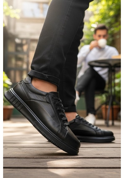 Enoch Hakiki Deri Bağcıklı Erkek Sneaker Ayakkabı Ortopedik Taban Siyah