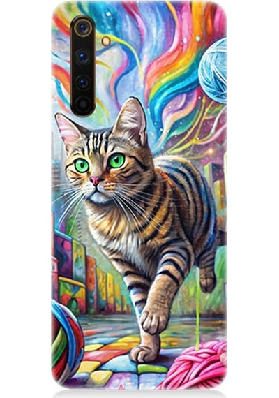 Realme 6 Pro Uyumlu Renkli Yumaklar Ve Kedi Desenli Silikon Kılıf