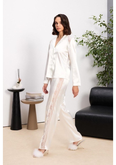 Pierre Cardin 6035 Kadın Saten Gecelik Sabahlık Pijama Takım Şort Takım 6'lı Gelin Çeyiz Set ekru