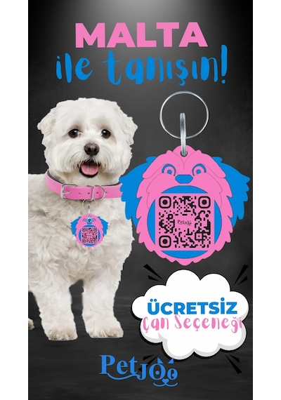 Petjoo 12.Malta Mavi-Pembe Qr'lı Köpek Künyesi