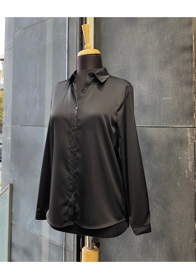 Pera Moda Saten Yüzeyli Fitted Gömlek Siyah