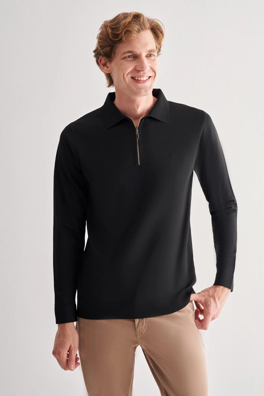 Siyah Uzun Kol Fermuarlı Yaka Cepsiz Slim Fit Triko 1012255150 Siyah