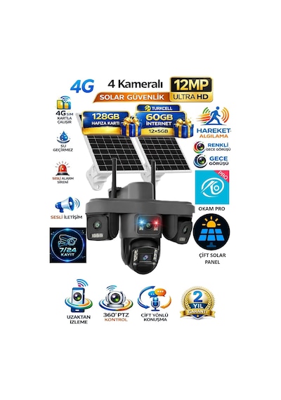 Ok335 12mp 4 Kameralı 4g Solar Güvenlik Kamerası Aov Gece Görüş 128gb Hafıza Kartı + 1 Yıl İnternet