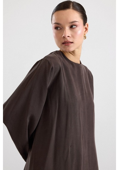 Olcay Derin Yırtmaçlı Oversize Uzun Tunik Kahve 9838