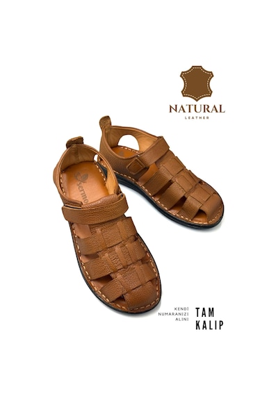 Sermoda %100 Hakiki Deri Burnu Kapalı Erkek Sandalet Şırıngıl Taba