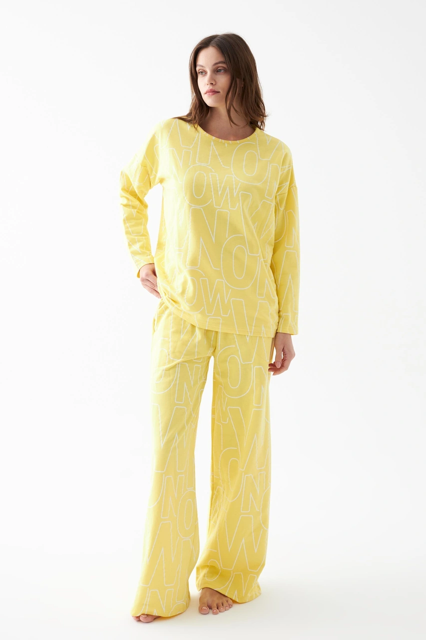 Akbeniz Kadın Oversize Sarı Desenli Pamuklu Kalın Pijama Takımı Sarı