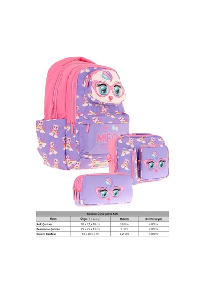 Kaukko Kids 3d Kedi Şekilli Kız Çocuk Üçlü Okul Çantası Seti/takımı - Mor Pembe L5236+l7236+l8236 Mor - Pembe