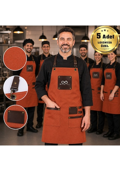 Logonuza Özel 5 Adet İstanbul Önlük Turuncu Renk Su İticili Kumaş - Vegan Deri Detaylı Profesyonel Önlük