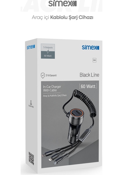 Black Line 60w Araç İçi Şarj Aleti, 5 Port, Spiral Kablolu, Type-c Micro Usb Lightning Uyumlu Siyah