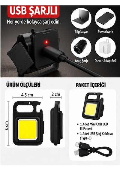 Mucit Home Mini Cep Led Anahtarlık El Feneri Usb Şarjlı Çok Amaçlı Taşınabilir Lamba, Kamp Feneri, Şişe Açacaklı Çok Renkli
