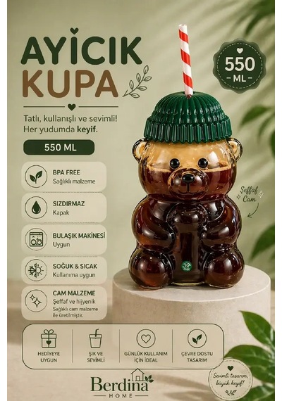 Ayıcık Tasarım Cam Pipetli Soğuk İçecek Kahve Bardağı Yeşil Şapkalı Bear Bardak 550ml Barista Şefaf