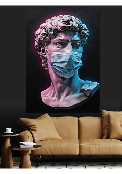 Ahşap Tablo Mavi Maskeli Baş David Heykeli