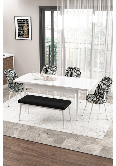 Canisa Concept Zen Serisi 80x132 Mdf Açılabilir Beyaz Masa Takımı 4 Zebra Sandalye Ve 1 Siyah Bench Masa Beyaz Sandalye Zebra Desen Ve Bench Siyah Canisa Concept Zen Serisi 80x132 Mdf Açılabilir Beyaz Masa Takımı 4 Zebra Sandalye Ve 1 Siyah Bench Masa Beyaz Sandalye Zebra Desen Ve Bench Siyah