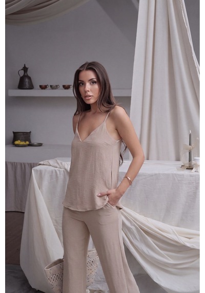Paw Garage Kadın Shay Askılı Bluz Bol Paça Pantolon Yazlık Alt-üst Takım Bej