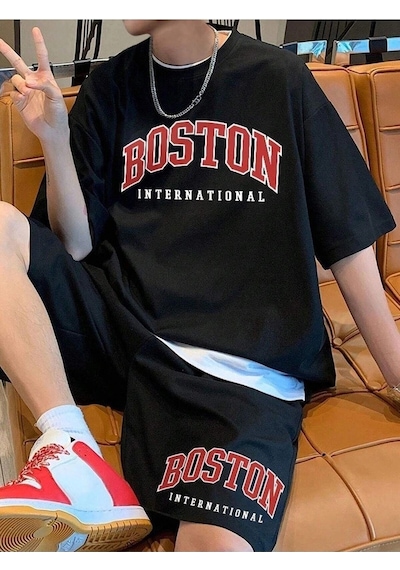 Adrift Erkek Siyah Boston International Baskılı Oversize Şortlu Takım Tw-bstontakims Siyah