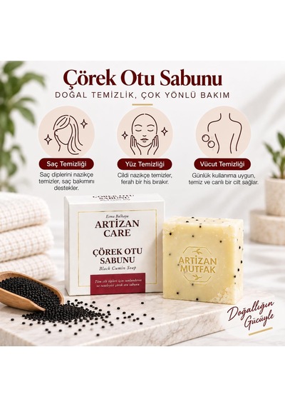 Artizan Care Çörek Otu Sabunu Doğal Katı Sabun - Kimyasal İçermez - Cilt Ve Saç Sağlığını Katkı Sağlar Diğer