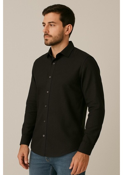 Bürke Sofya Keten Dokulu Uzun Kollu Siyah Yarım Oversize Erkek Gömlek