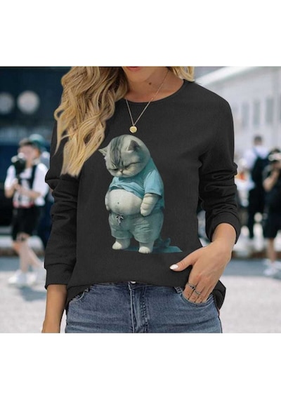 Kozia Outdoors Malkoçbey Şişman Kedi Figürlü Sweatşhirt Siyah Siyah