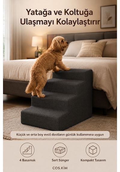 4 Basamaklı Kedi Köpek Merdiveni 54x40x40 Cm, Fermuarlı Yıkanabilir Kılıflı Sert Sünger