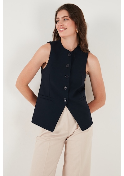 Lela Regular Fit Bisiklet Yaka Kolsuz Düğmeli Basic Bluz Bayan Yelek 65200004 Lacivert