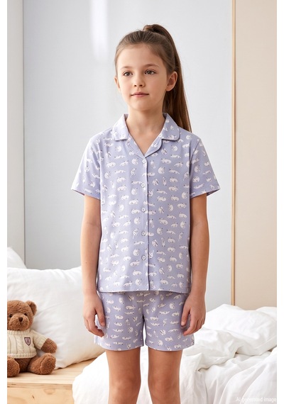 Haliç Mayo Önü Düğmeli Şortlu Kız Çocuk Süprem Pamuklu Pijama Takımı 260273 Lila