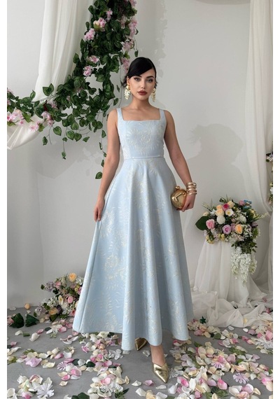 Nils Butik Askılı Kare Yaka Jakar Desenli Seraphine Midi Elbise Açık Mavi