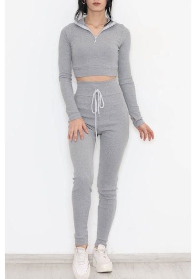 Mokashopin - Fermuarlı Crop Takım Gri - 12130.1748. 001