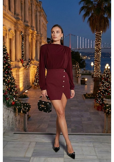 Lela Vatkalı Regular Fit Yırtmaç Detaylı Dik Yaka Mini Boy Bayan Elbise 611El751 Bordo