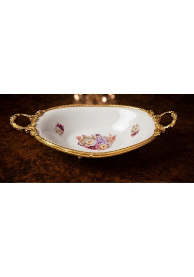 Dekoratif Gold Metal Ayaklı Oval Derin Çiçekli Porselen Sunumluk Tabak Altın