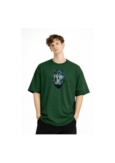 Misa Tahtakale Wolf - Oversize Erkek Tişört Hakı Çok Renkli
