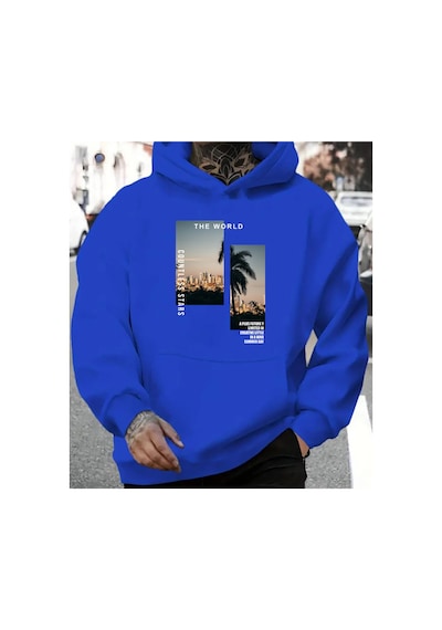 Herkesemoda The World Baskı Detaylı Kapüşonlu Sweatshırt Mavi Mavi