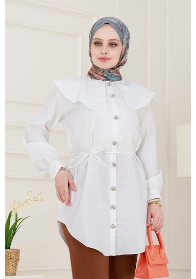 Sevitli Beli Bağcık Detaylı Geniş Yaka Tunik-beyaz-4991 Beyaz