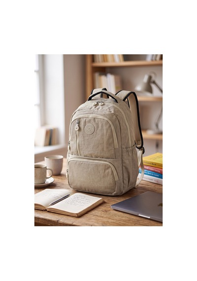Gigi Luxe Unisex Su Geçirmez Çok Bölmeli Krinkıl Kumaş Okul Çantası Laptop Çantası Bej Bej