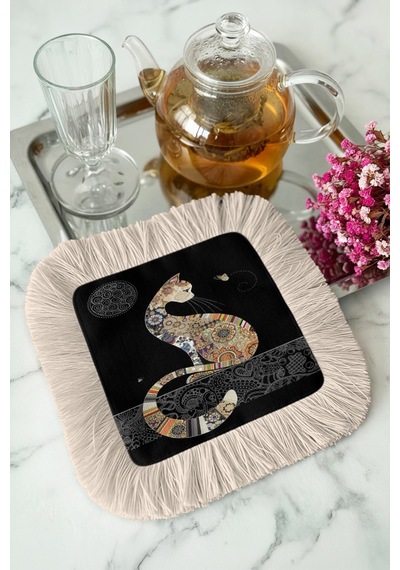 Bohem Patchwork Kedi Saçaklı Sunum Peçetesi - Siyah Zemin Etnik Altın Renkli Bardak Altlığı Mendil Çok Renkli