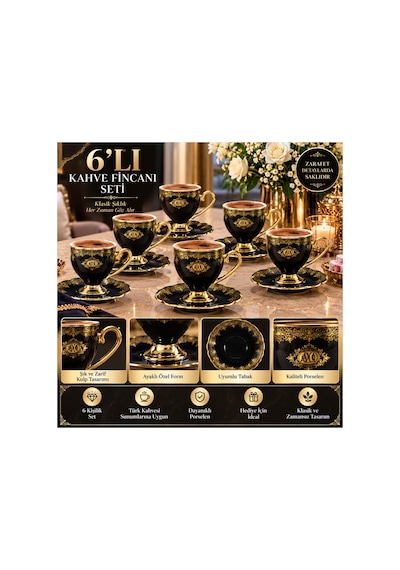 6 Lı Ayaklı Porselen Kahve Fincanı Takımı Siyah Gold Desenli Lüks 6 Kişilik Kahve Seti Siyah