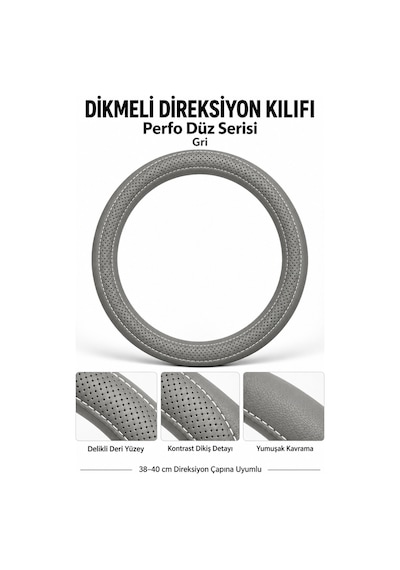 Trobus Volkswagen Taigo 2021-2025 Uyumlu Dikmeli Direksiyon Kılıfı Perfo Düz Delikli Deri Gri