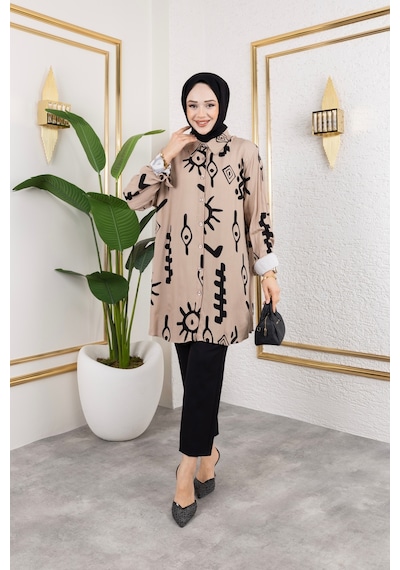 Hira Life Fashion Kadın Tesettür Giyim Ve Spor Giyime Uygun Düğme Detaylı Şık Desenli Dokuma Viskon Gömlek-tunik Bej Bej Hira Life Fashion Kadın Tesettür Giyim Ve Spor Giyime Uygun Düğme Detaylı Şık Desenli Dokuma Viskon Gömlek-tunik Bej Bej