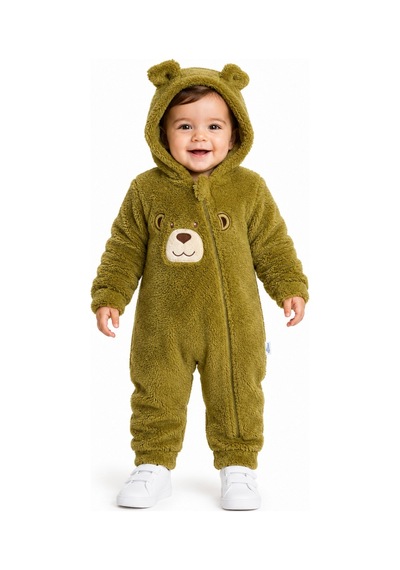 Tatlı Ayıcık Nakışlı Welsoft Peluş Kapüşonlu Fermuarlı Kışlık Unisex Bebek Tulumu Haki