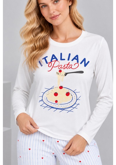 Pijamask Kadın Italian Pasta Baskılı Mavi Çizgili Bol Paça Pamuklu Pijama Takımı Beyaz