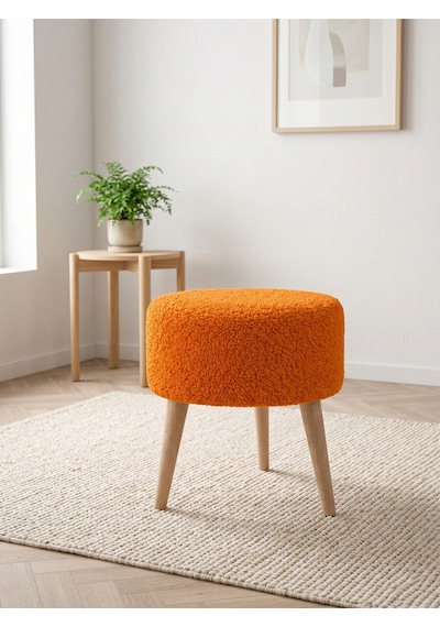 Turuncu Welsoft Kumaş Yuvarlak Puf Ahşap Ayaklı Demonte Modern Puf Tabure 40x42 Cm